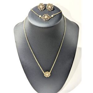 Gold Tone Filigree Pearl Earrings Bracelet Necklace Set